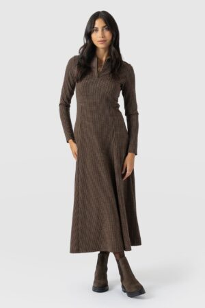 Macie Zip Up Dress - Brown Mini Houndstooth